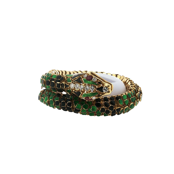 Snake Bracelet Enamel Diamond 18 Karat Yellow Gold Flexible Link Vintage