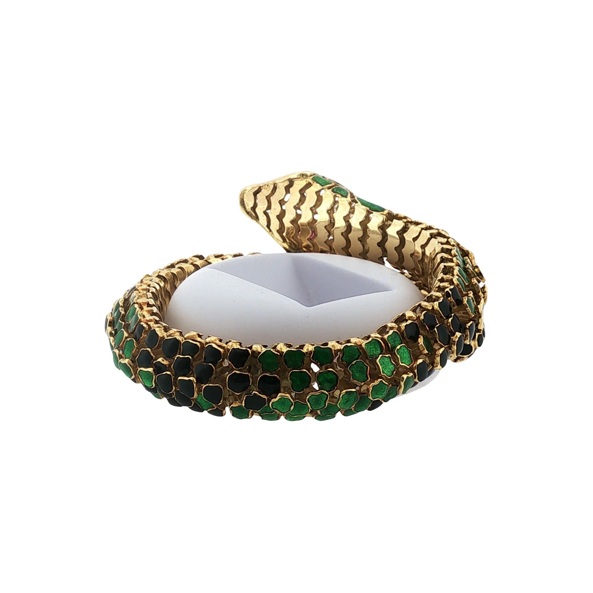 Snake Bracelet Enamel Diamond 18 Karat Yellow Gold Flexible Link Vintage