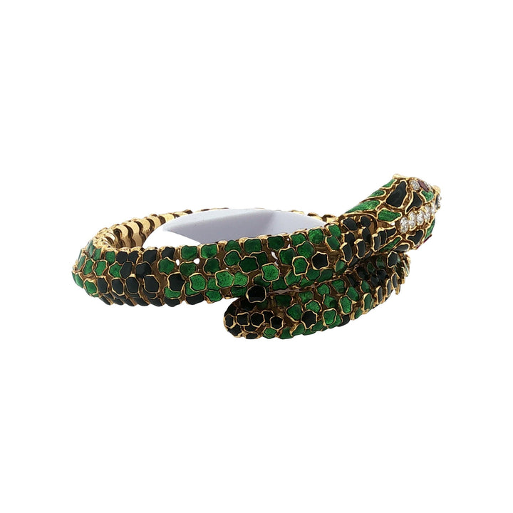 Snake Bracelet Enamel Diamond 18 Karat Yellow Gold Flexible Link Vintage