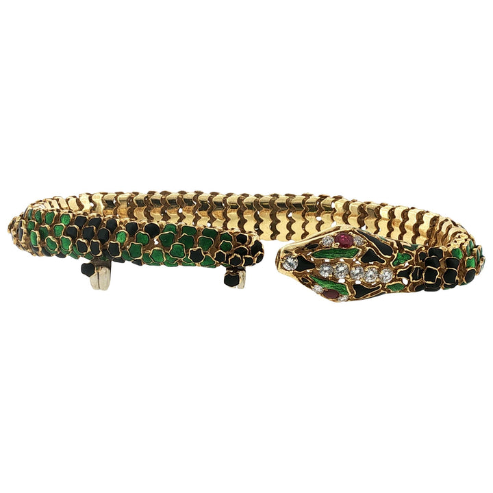 Snake Bracelet Enamel Diamond 18 Karat Yellow Gold Flexible Link Vintage