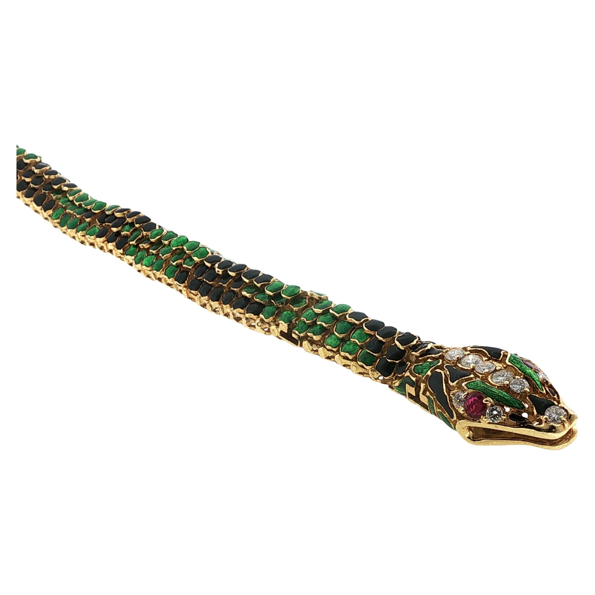Snake Bracelet Enamel Diamond 18 Karat Yellow Gold Flexible Link Vintage