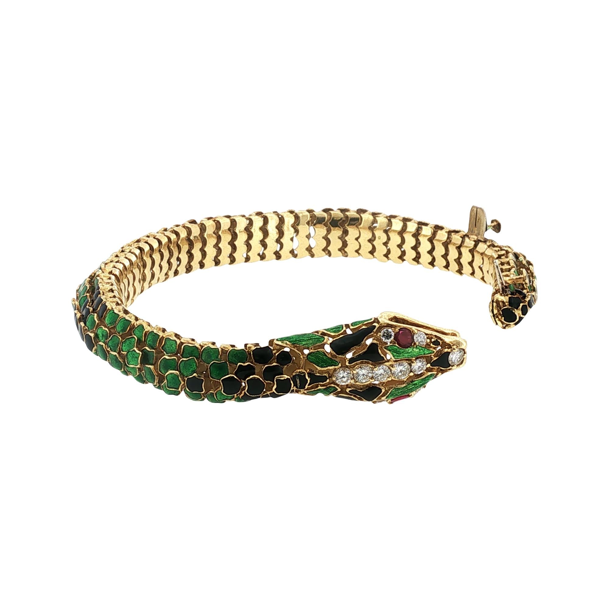 Snake Bracelet Enamel Diamond 18 Karat Yellow Gold Flexible Link Vintage