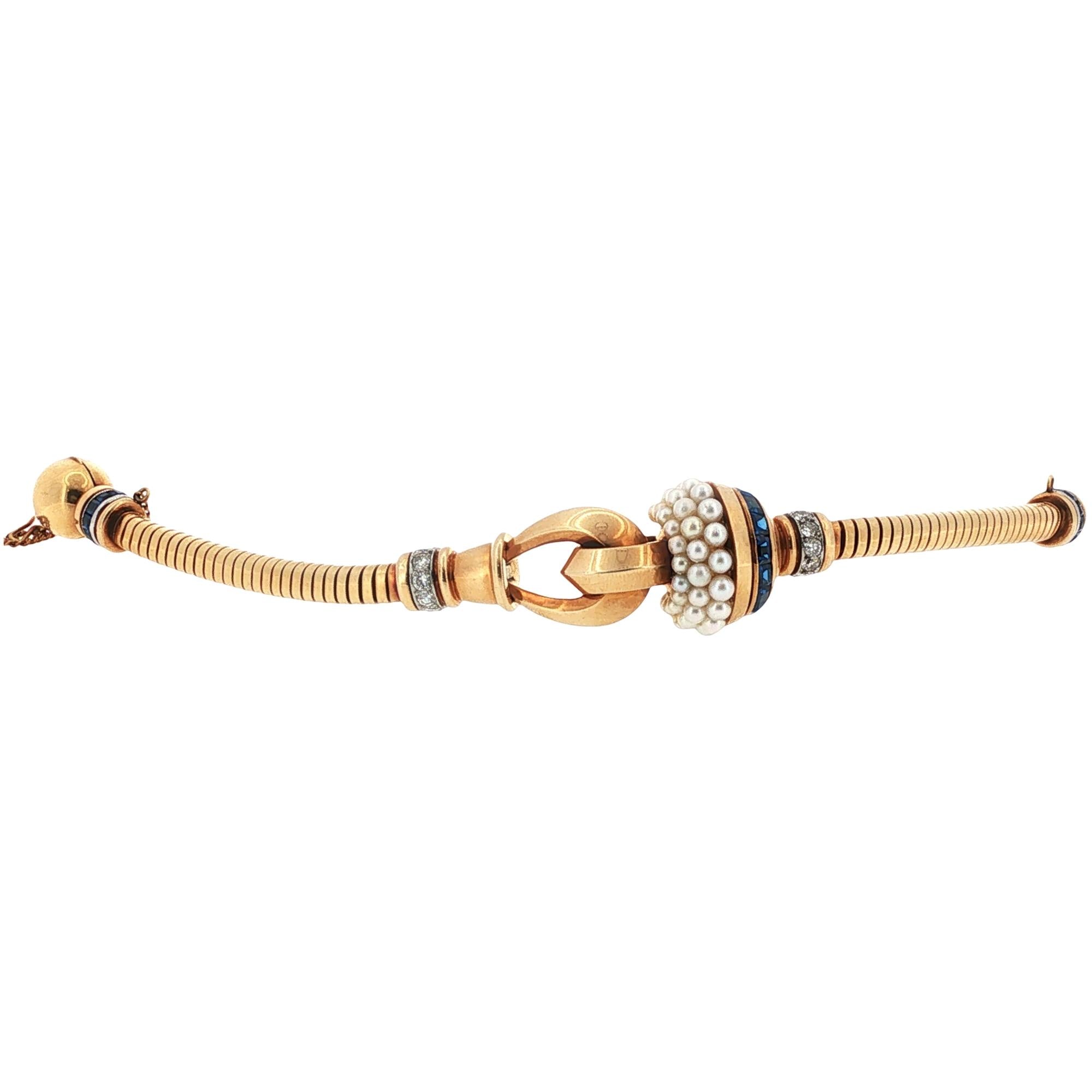 Retro-Era Ghiso Diamond Pearl 18 Karat Rose Gold French Bracelet