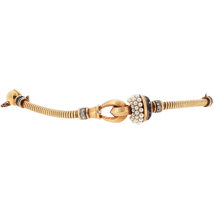 Retro-Era Ghiso Diamond Pearl 18 Karat Rose Gold French Bracelet