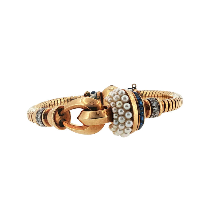 Retro-Era Ghiso Diamond Pearl 18 Karat Rose Gold French Bracelet