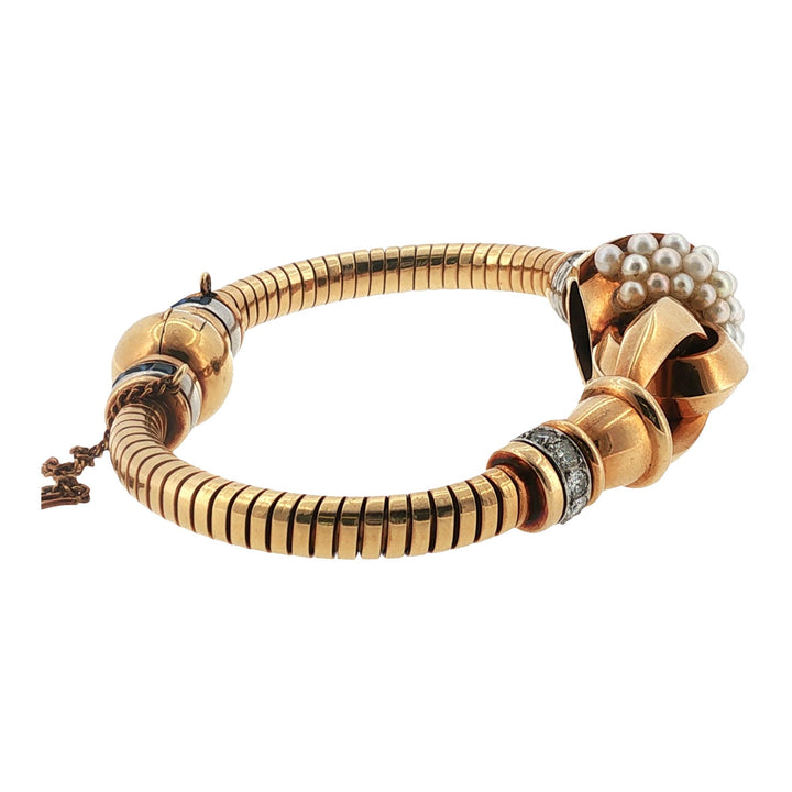 Retro-Era Ghiso Diamond Pearl 18 Karat Rose Gold French Bracelet