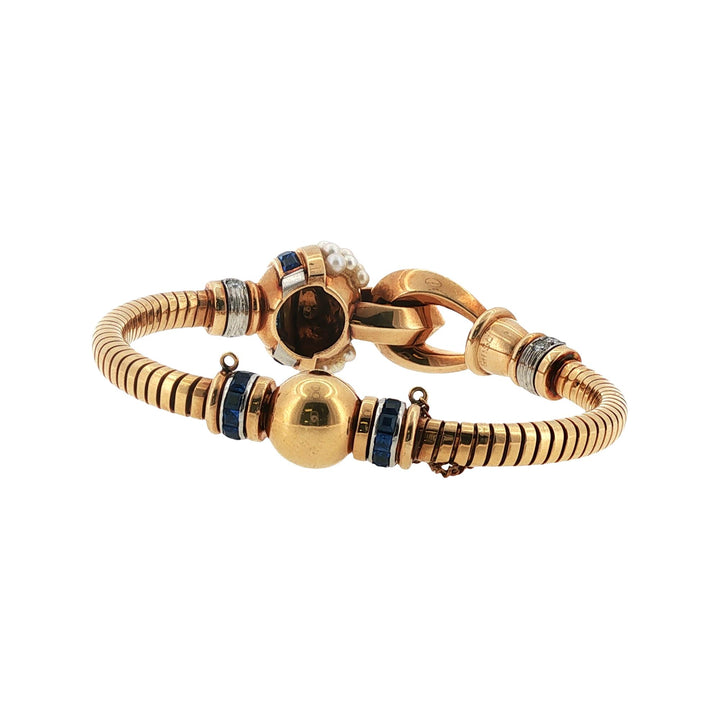 Retro-Era Ghiso Diamond Pearl 18 Karat Rose Gold French Bracelet