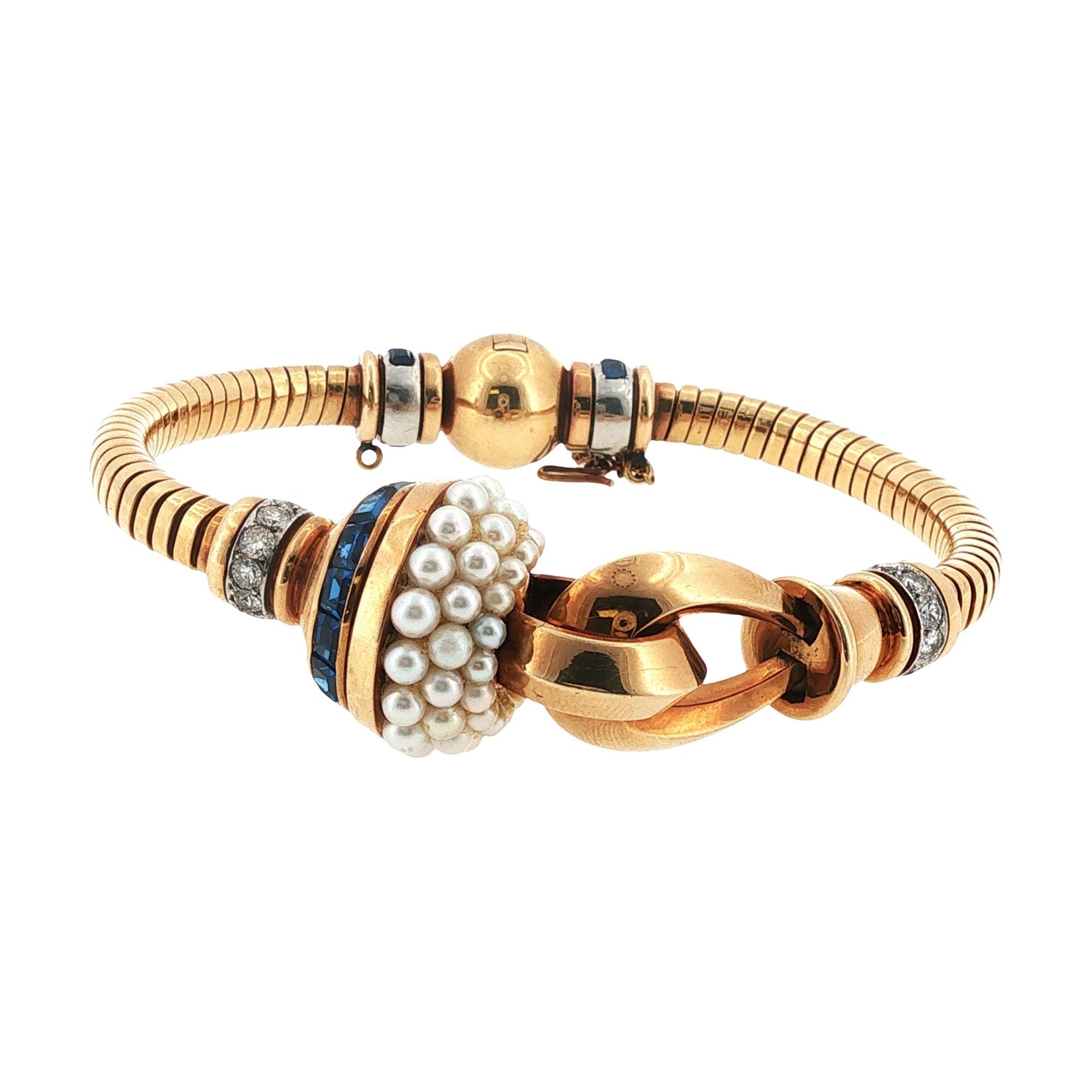 Retro-Era Ghiso Diamond Pearl 18 Karat Rose Gold French Bracelet