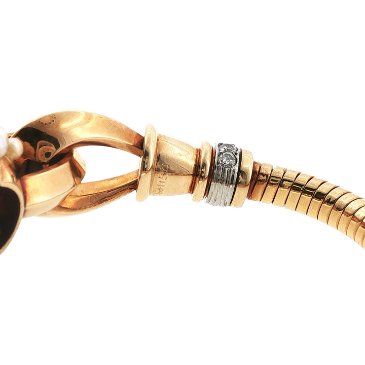 Retro-Era Ghiso Diamond Pearl 18 Karat Rose Gold French Bracelet