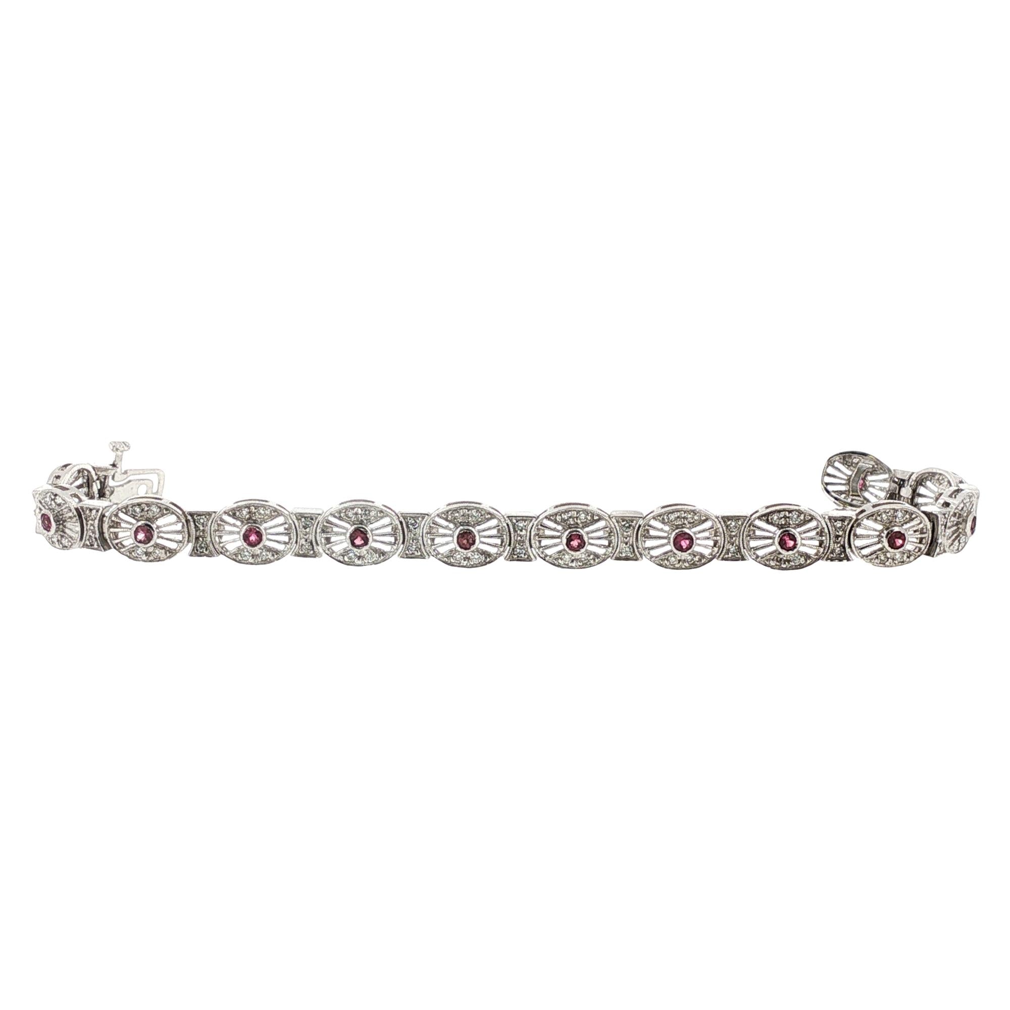 Pink Sapphire Diamond Filigree 14 Karat White Gold Link Bracelet
