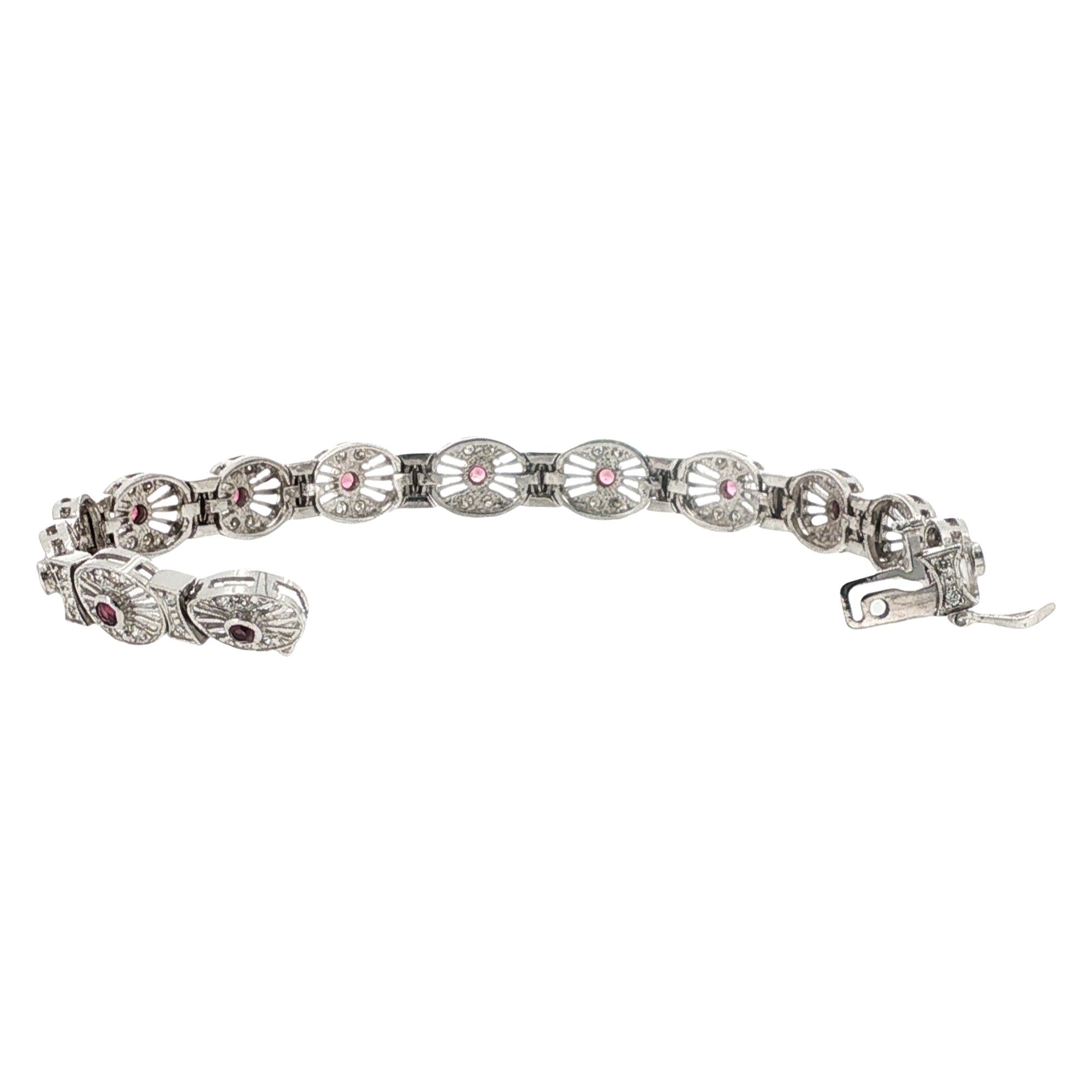 Pink Sapphire Diamond Filigree 14 Karat White Gold Link Bracelet