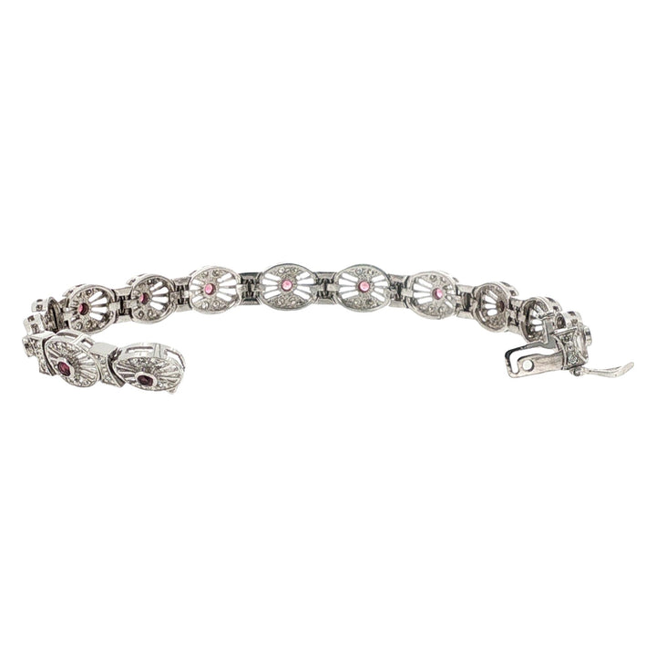 Pink Sapphire Diamond Filigree 14 Karat White Gold Link Bracelet