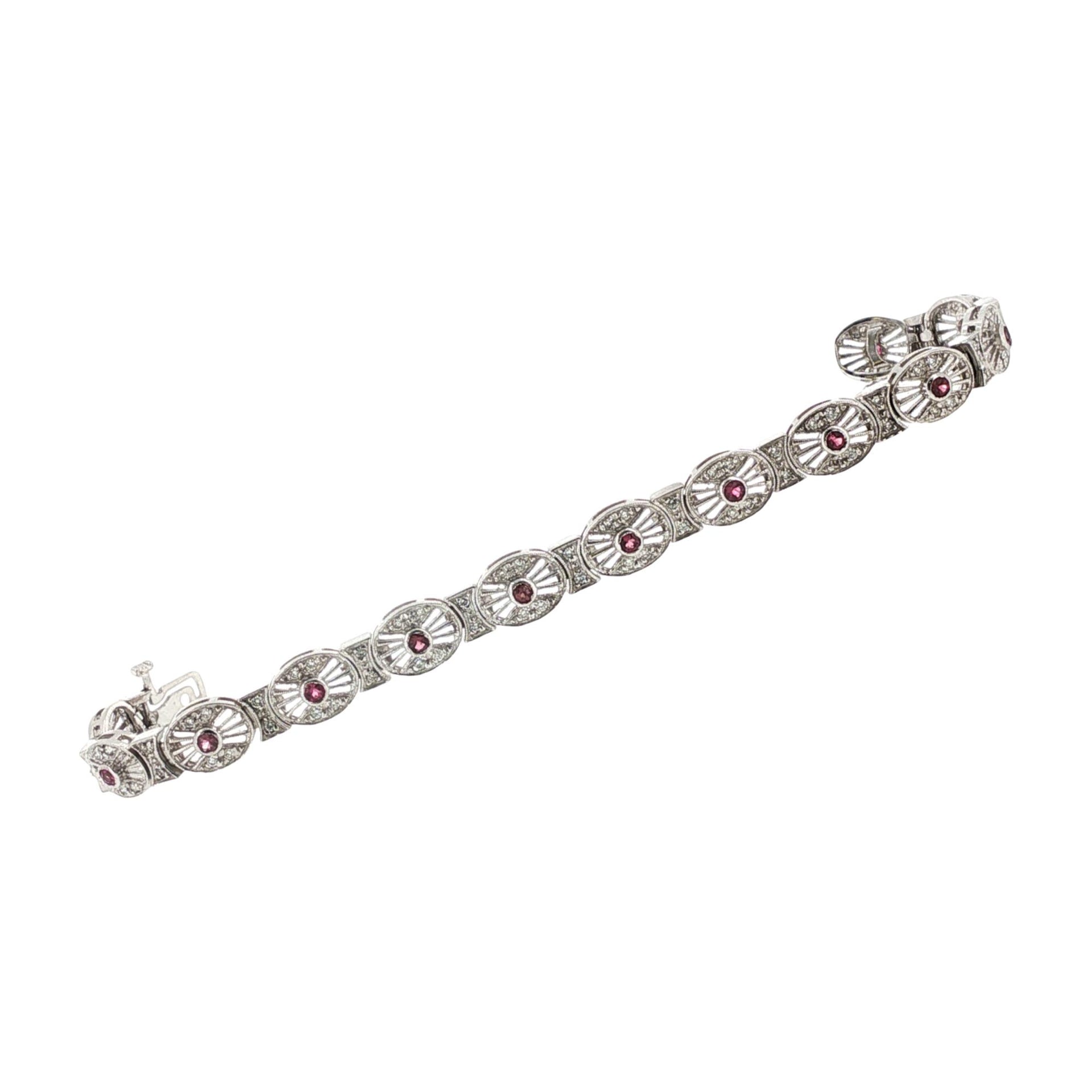 Pink Sapphire Diamond Filigree 14 Karat White Gold Link Bracelet