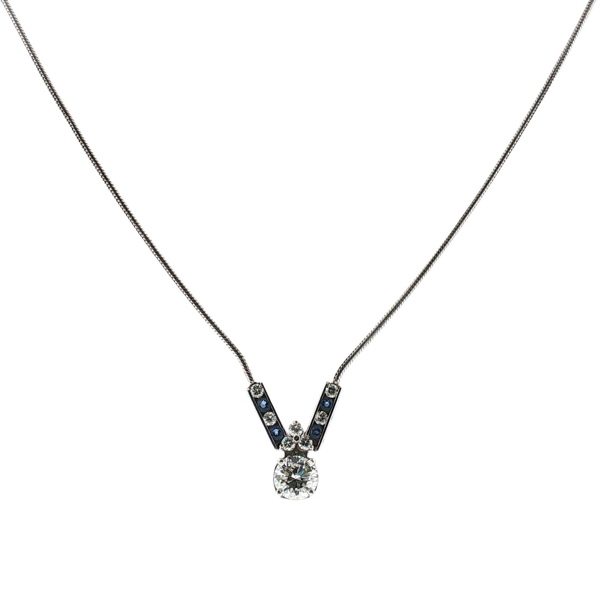 Round Brilliant-Cut Diamond Sapphire Pendant 14 Karat White Gold Necklace