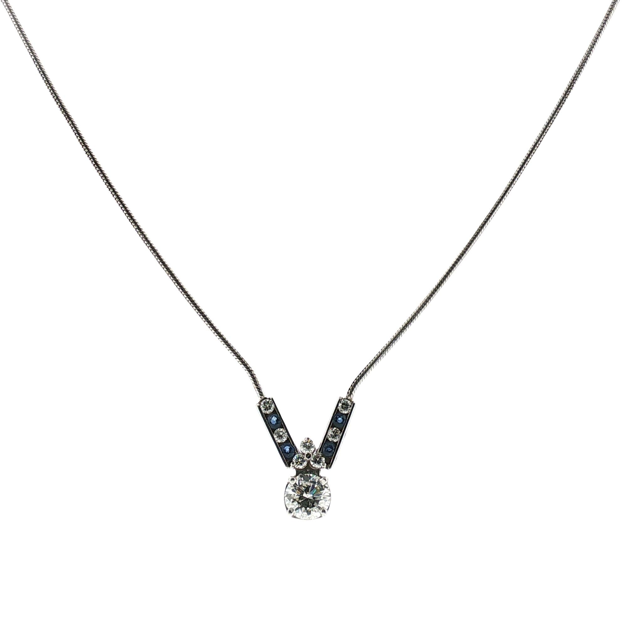 Round Brilliant-Cut Diamond Sapphire Pendant 14 Karat White Gold Necklace