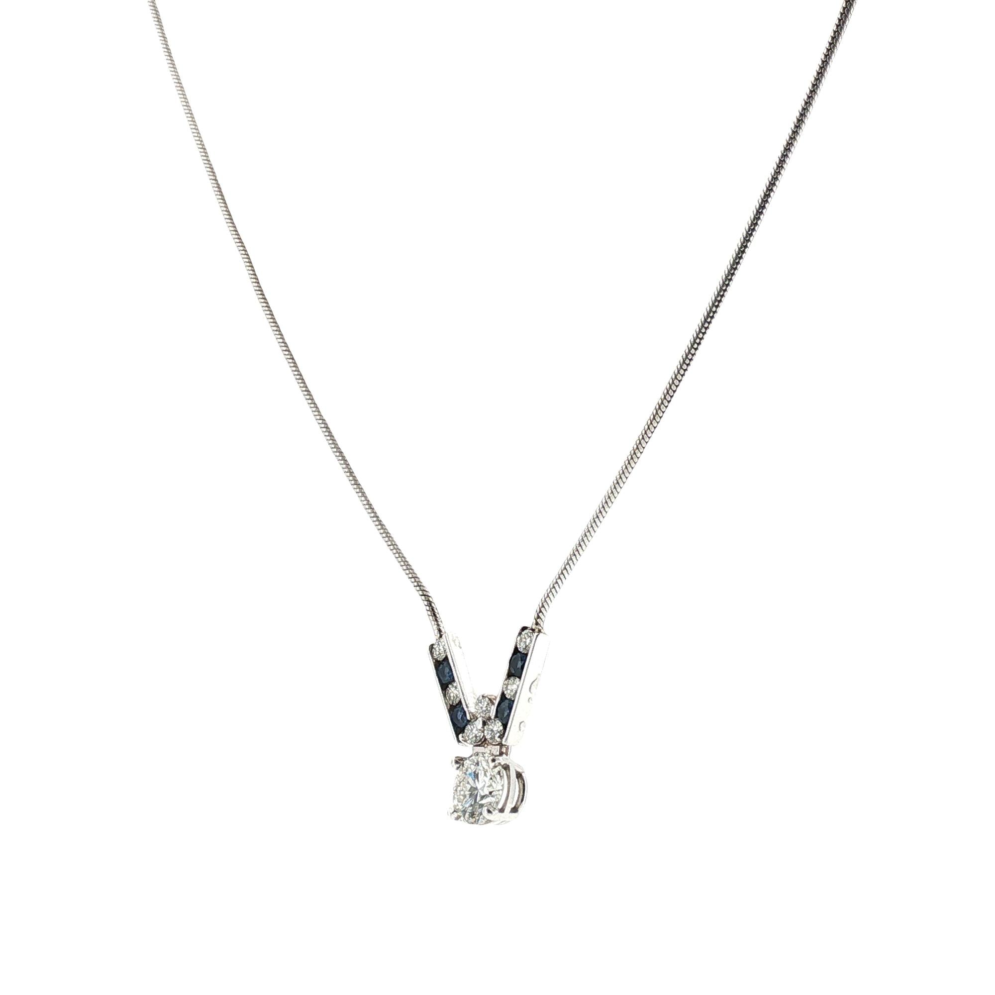 Round Brilliant-Cut Diamond Sapphire Pendant 14 Karat White Gold Necklace