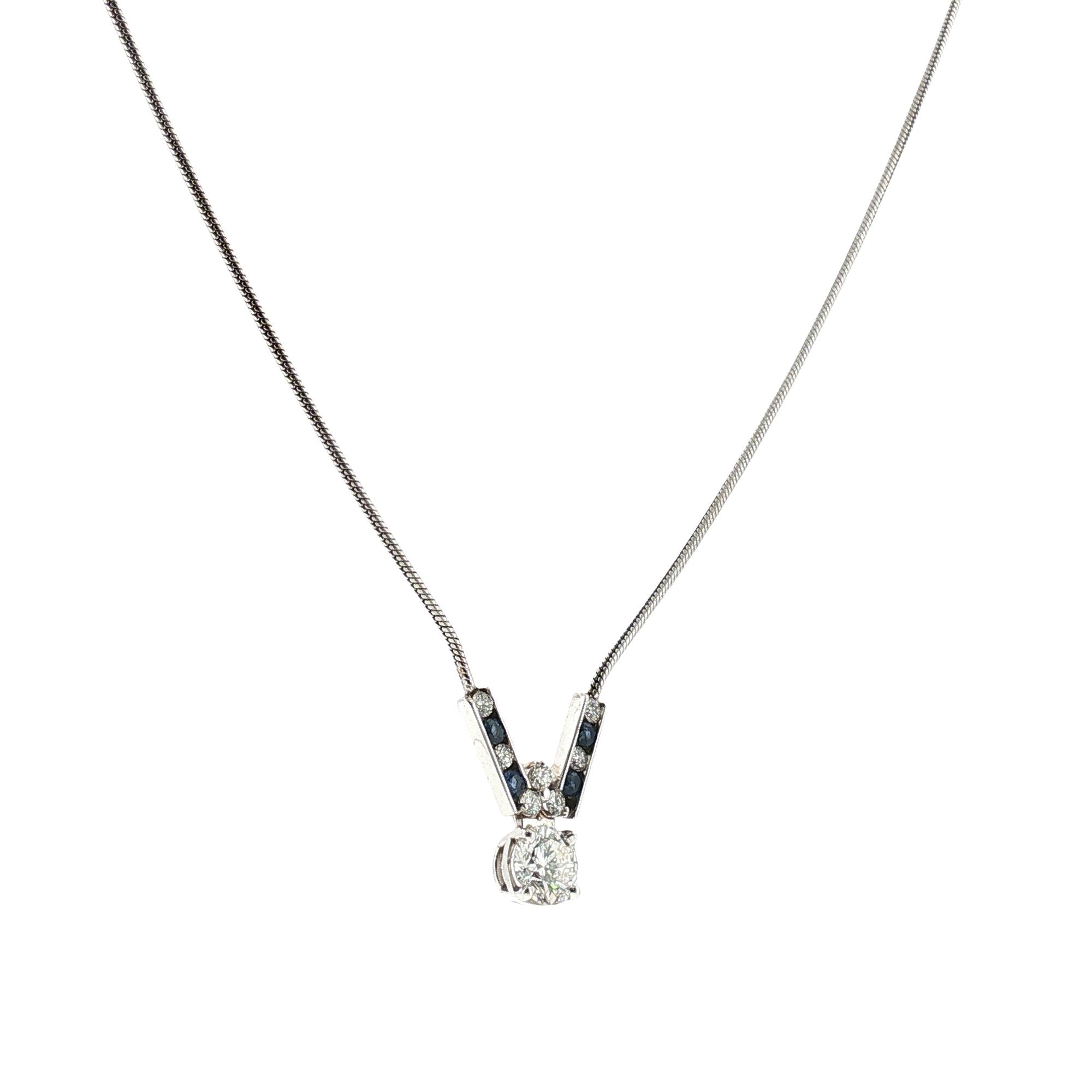 Round Brilliant-Cut Diamond Sapphire Pendant 14 Karat White Gold Necklace