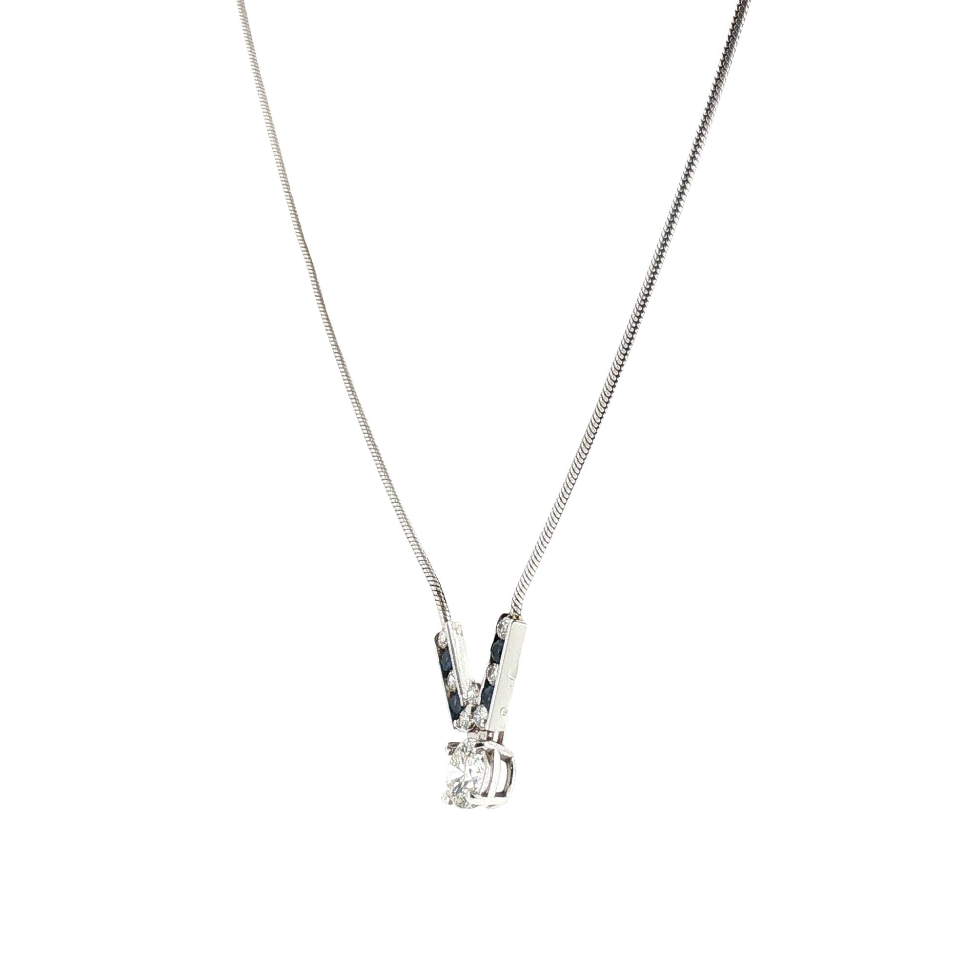 Round Brilliant-Cut Diamond Sapphire Pendant 14 Karat White Gold Necklace