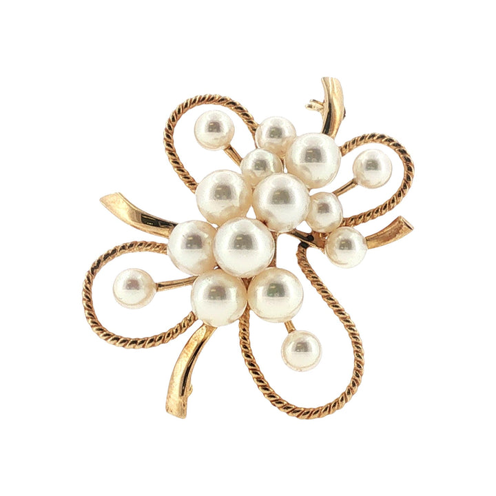 Mikimoto Pearl 14 Karat Yellow Gold Clover Vintage Brooch Pin