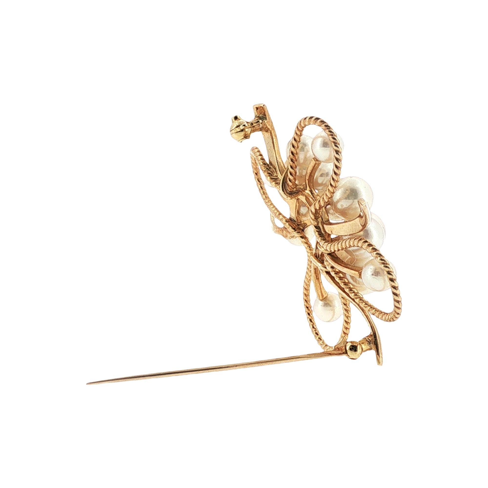 Mikimoto Pearl 14 Karat Yellow Gold Clover Vintage Brooch Pin