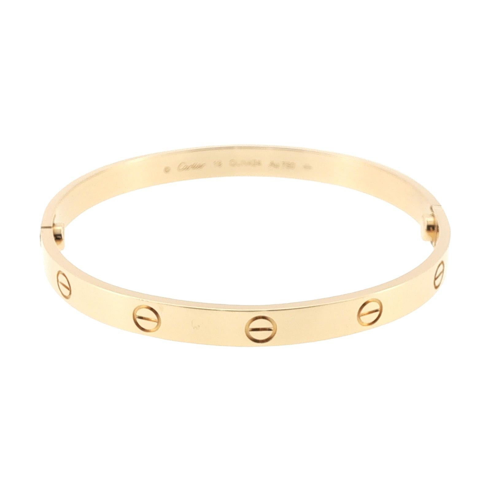 Cartier LOVE Bracelet Classic Model 18 Karat Yellow Gold Size 19 Box & Papers