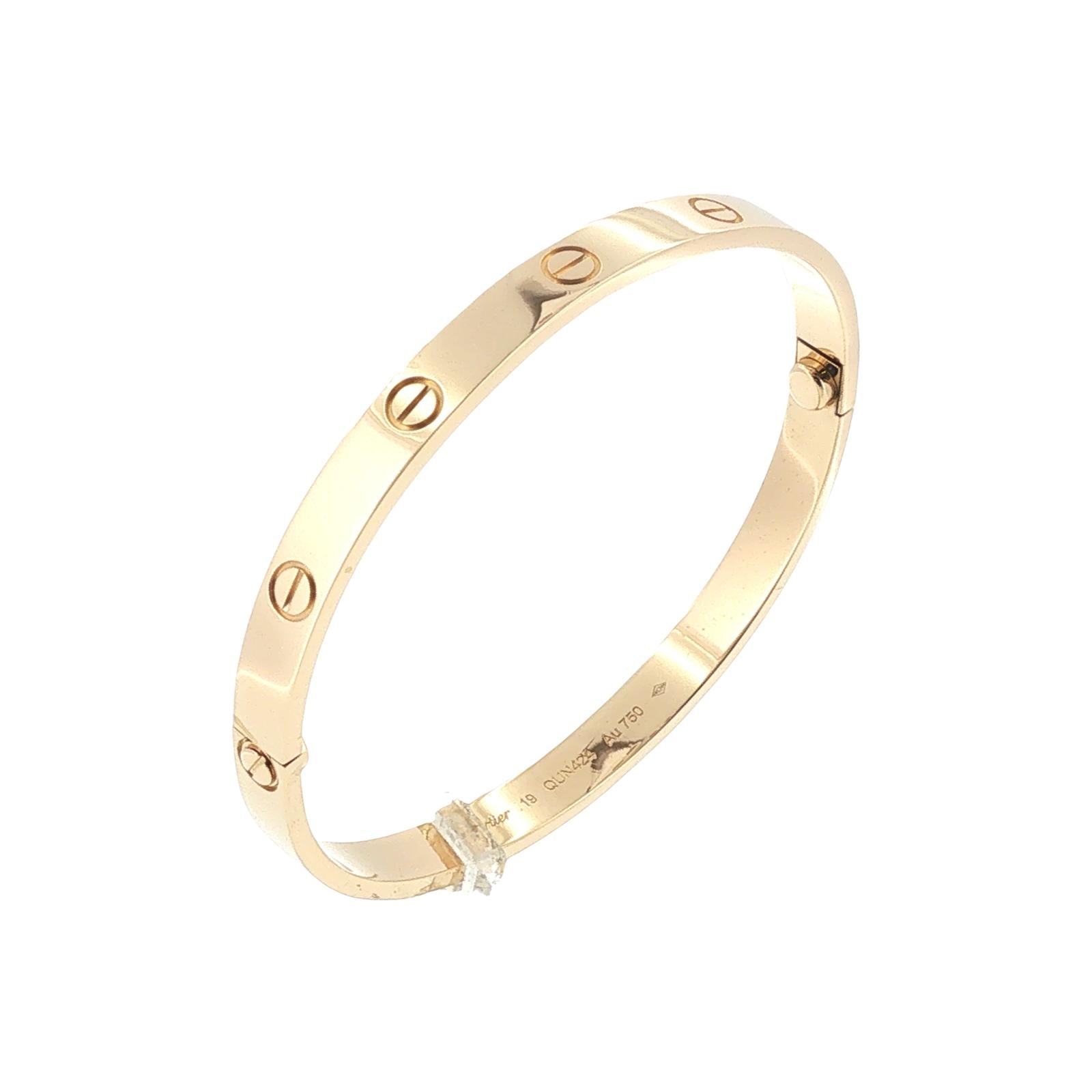 Cartier LOVE Bracelet Classic Model 18 Karat Yellow Gold Size 19 Box & Papers