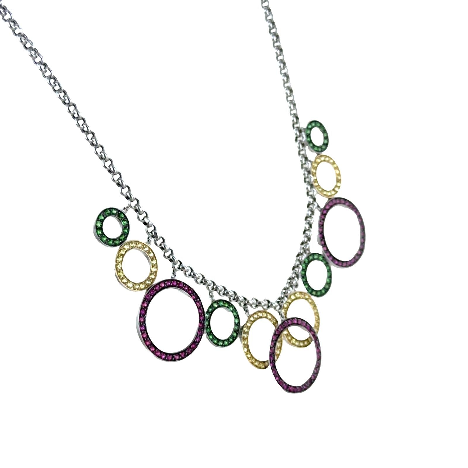 Color Sapphire Gemstone Circle Drop 14 Karat White Gold Link Necklace