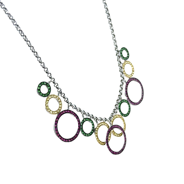Color Sapphire Gemstone Circle Drop 14 Karat White Gold Link Necklace