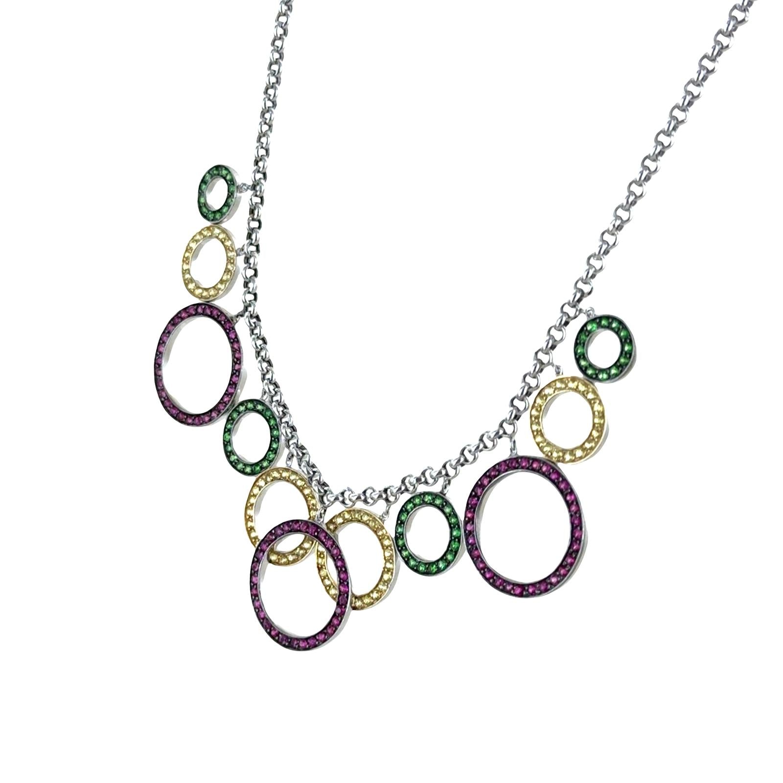Color Sapphire Gemstone Circle Drop 14 Karat White Gold Link Necklace