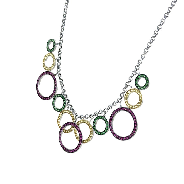 Color Sapphire Gemstone Circle Drop 14 Karat White Gold Link Necklace
