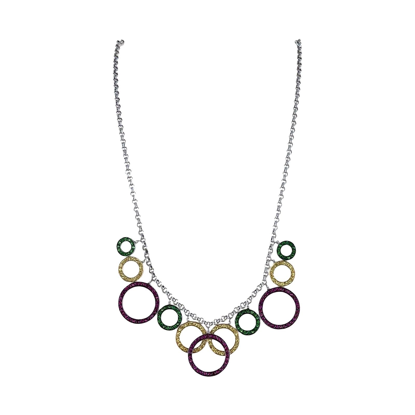 Color Sapphire Gemstone Circle Drop 14 Karat White Gold Link Necklace