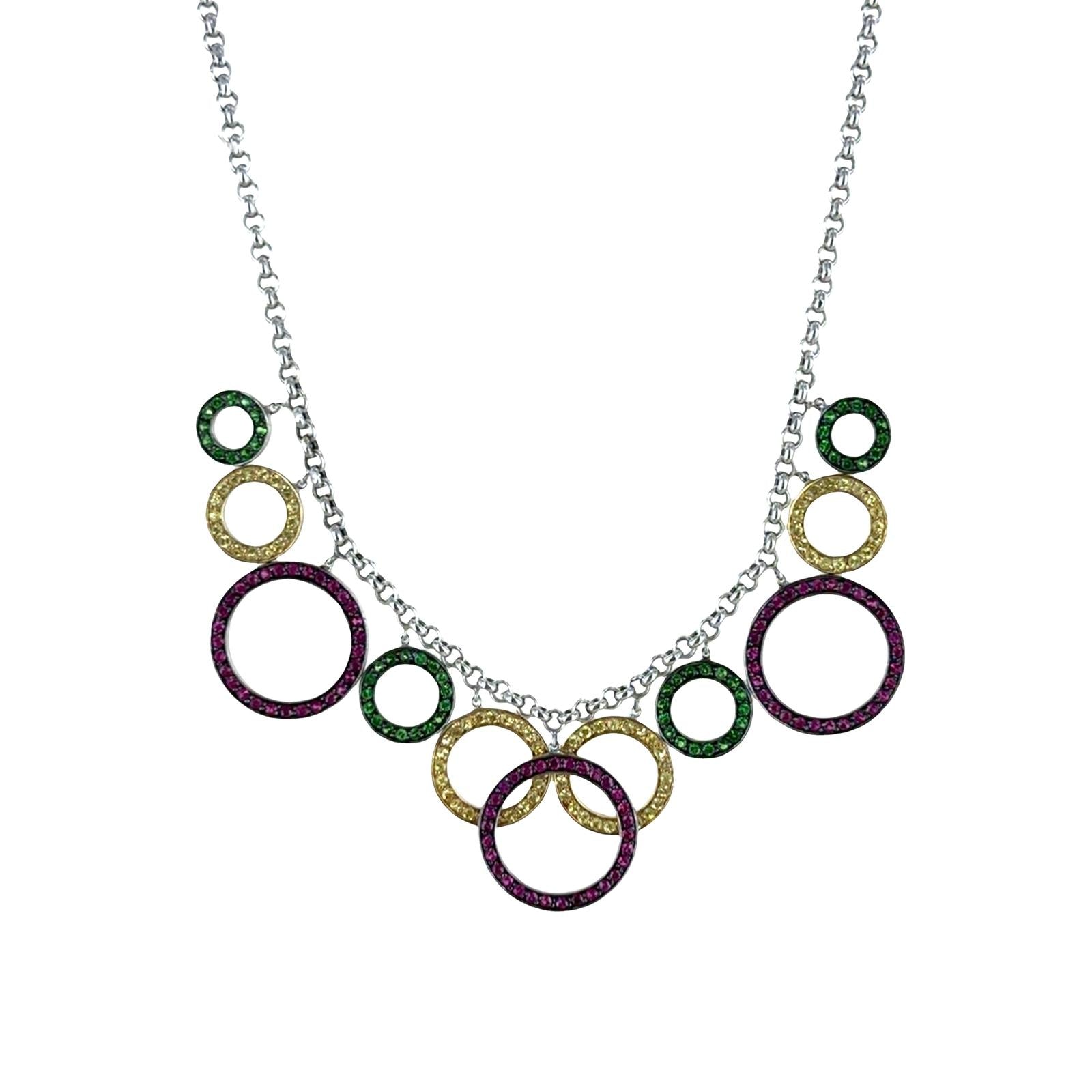 Color Sapphire Gemstone Circle Drop 14 Karat White Gold Link Necklace