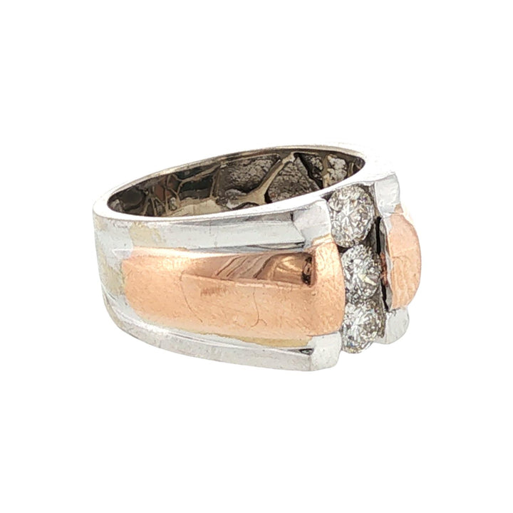 Gents Diamond 14 Karat White & Rose Gold Three Stone Band Ring