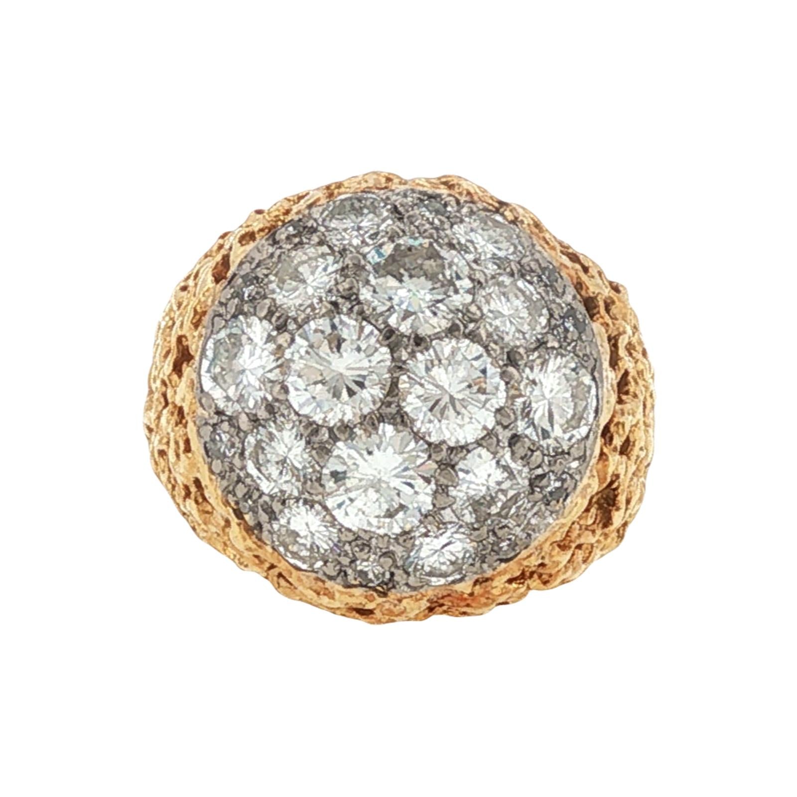 1960's Diamond Cluster 18 Karat Yellow Nugget Textured Gold Vintage Ring