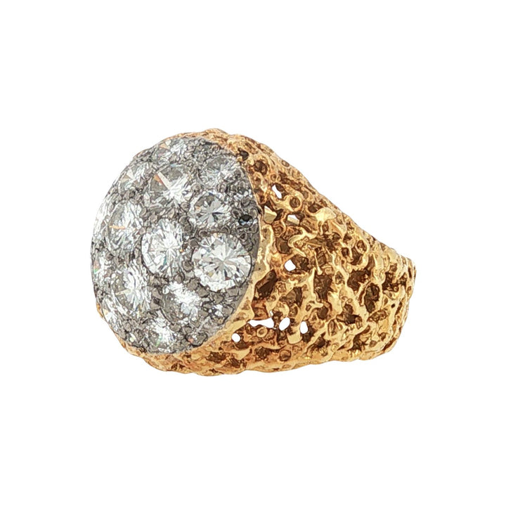 1960's Diamond Cluster 18 Karat Yellow Nugget Textured Gold Vintage Ring