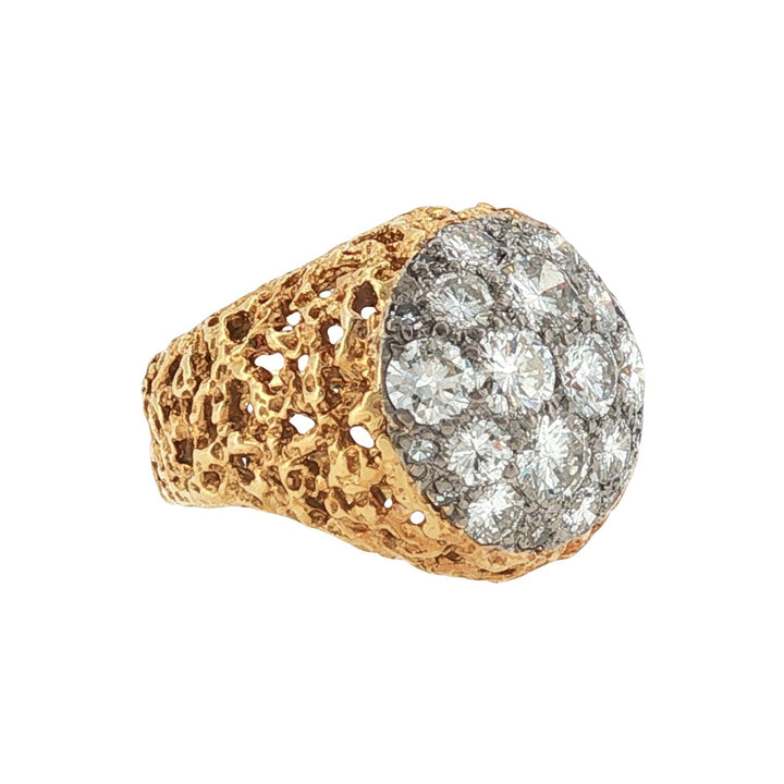 1960's Diamond Cluster 18 Karat Yellow Nugget Textured Gold Vintage Ring