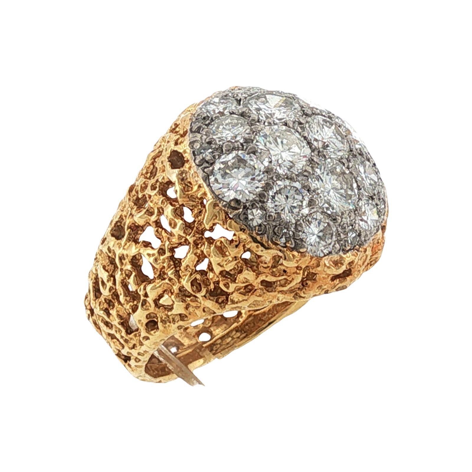 1960's Diamond Cluster 18 Karat Yellow Nugget Textured Gold Vintage Ring