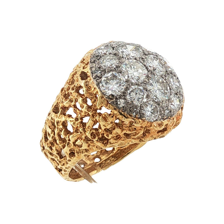 1960's Diamond Cluster 18 Karat Yellow Nugget Textured Gold Vintage Ring