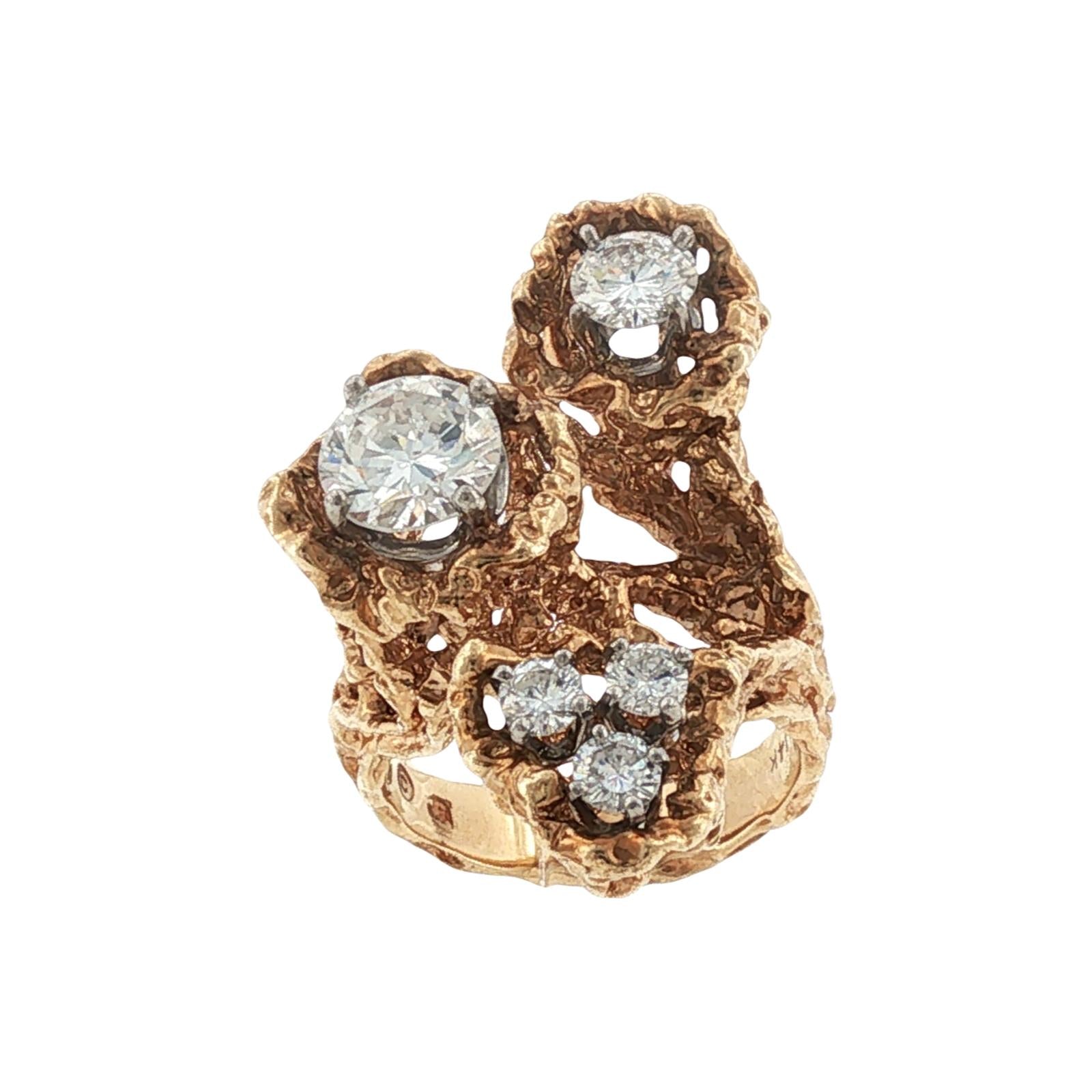 Freeform Diamond 14 Karat Yellow Gold Textured Vintage Ring