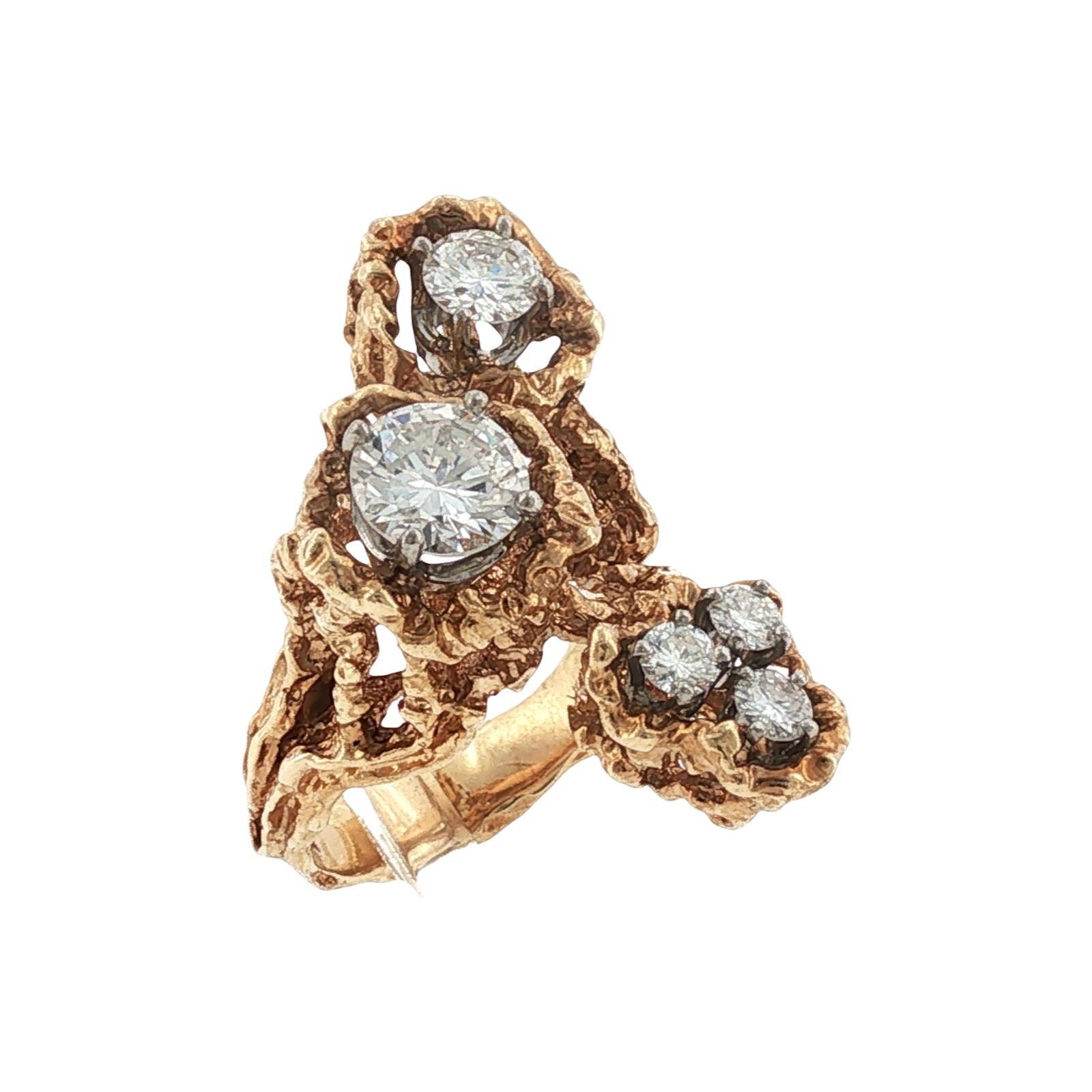 Freeform Diamond 14 Karat Yellow Gold Textured Vintage Ring
