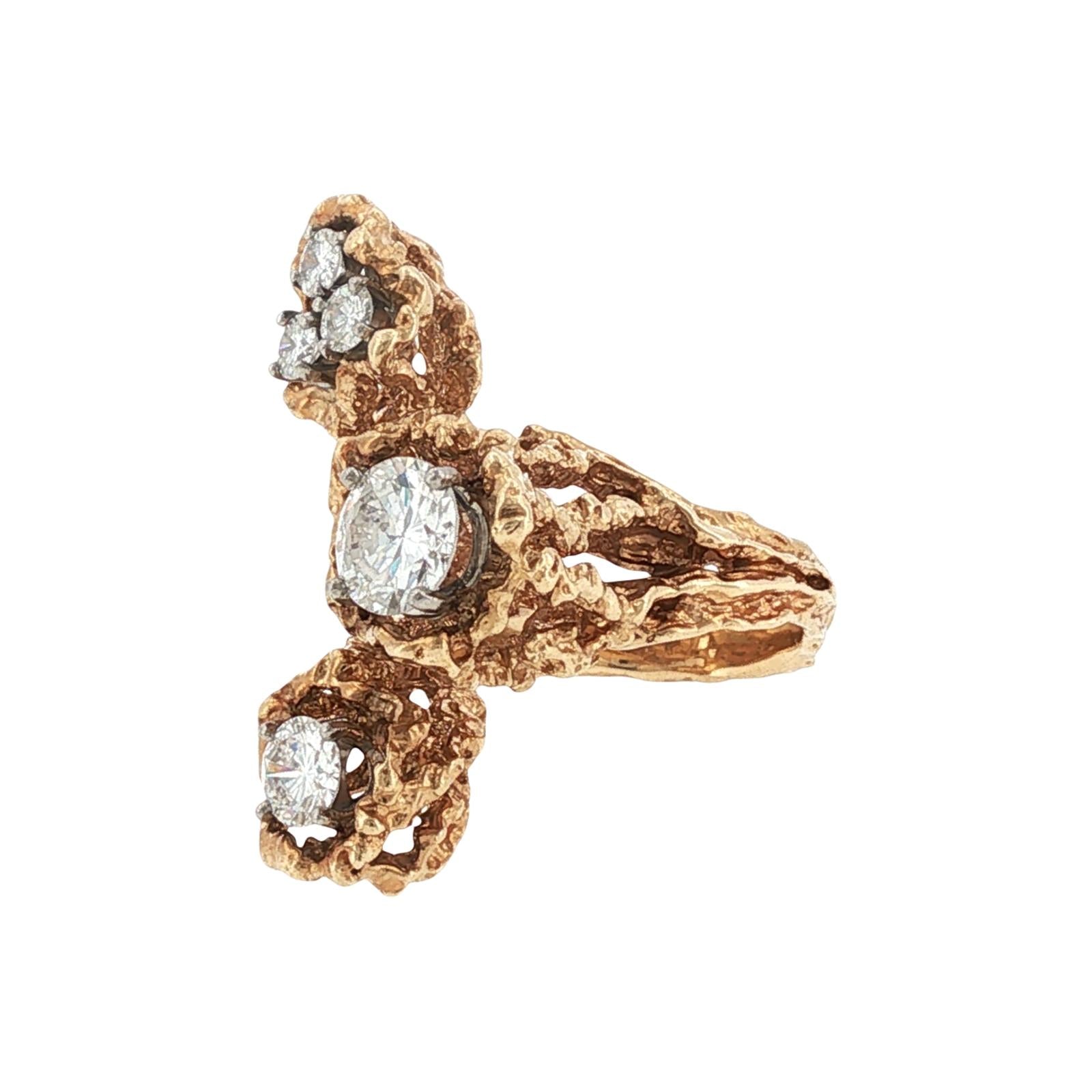 Freeform Diamond 14 Karat Yellow Gold Textured Vintage Ring