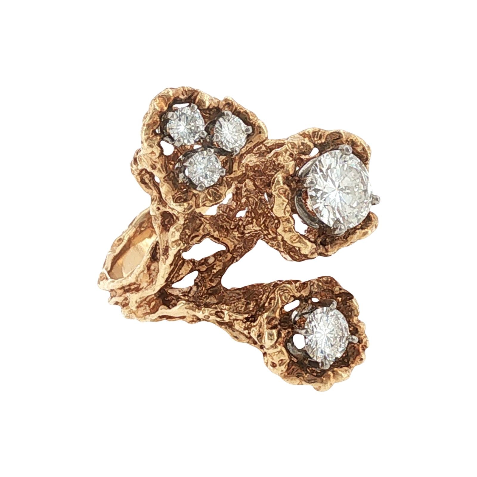 Freeform Diamond 14 Karat Yellow Gold Textured Vintage Ring