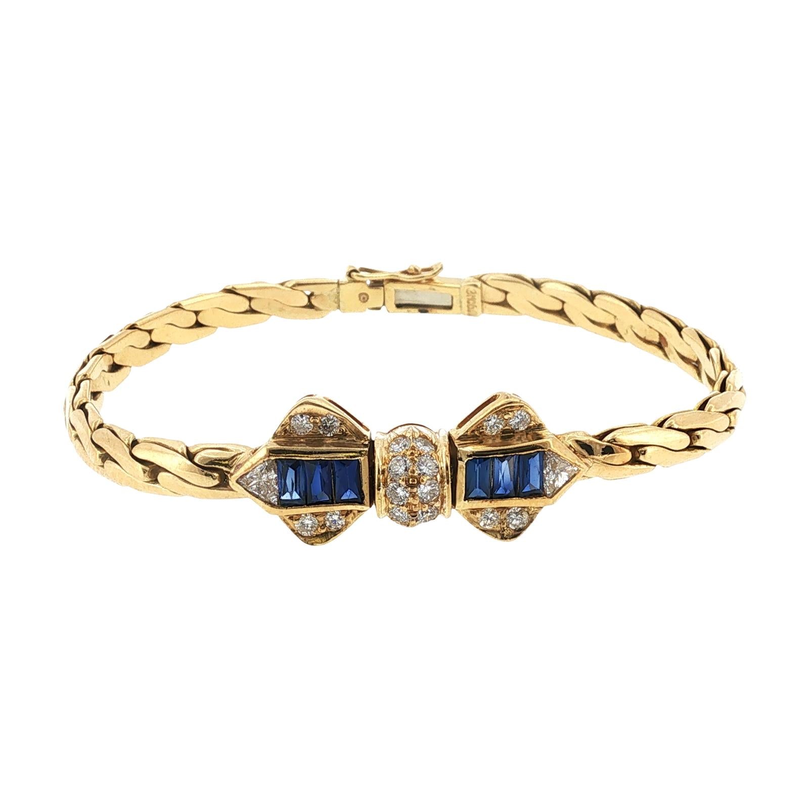 Diamond Blue Sapphire 18 Karat Yellow Gold Bow Motif Link Vintage Bracelet