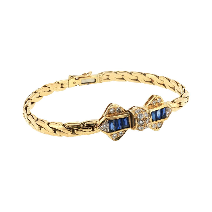 Diamond Blue Sapphire 18 Karat Yellow Gold Bow Motif Link Vintage Bracelet