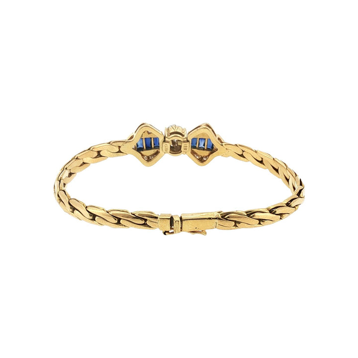 Diamond Blue Sapphire 18 Karat Yellow Gold Bow Motif Link Vintage Bracelet