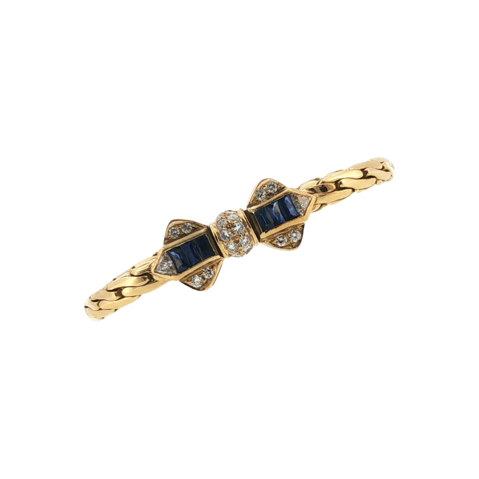 Diamond Blue Sapphire 18 Karat Yellow Gold Bow Motif Link Vintage Bracelet
