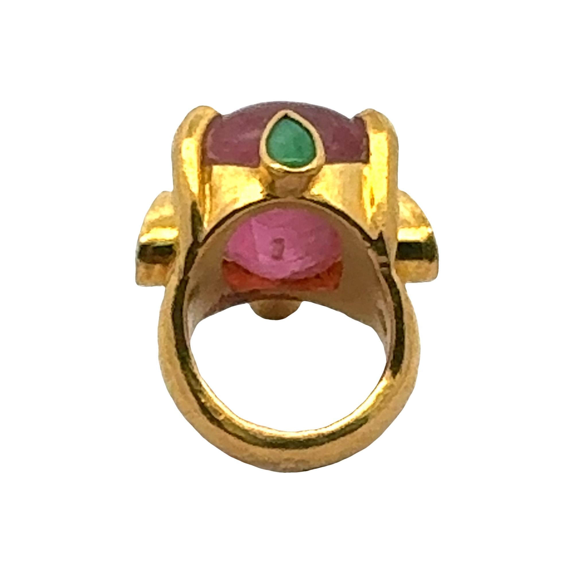 24 Karat Yellow Gold Cabochon Pink Tourmaline & Jade Statement Ring