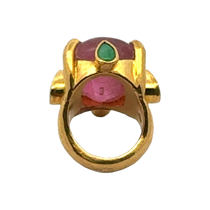 24 Karat Yellow Gold Cabochon Pink Tourmaline & Jade Statement Ring