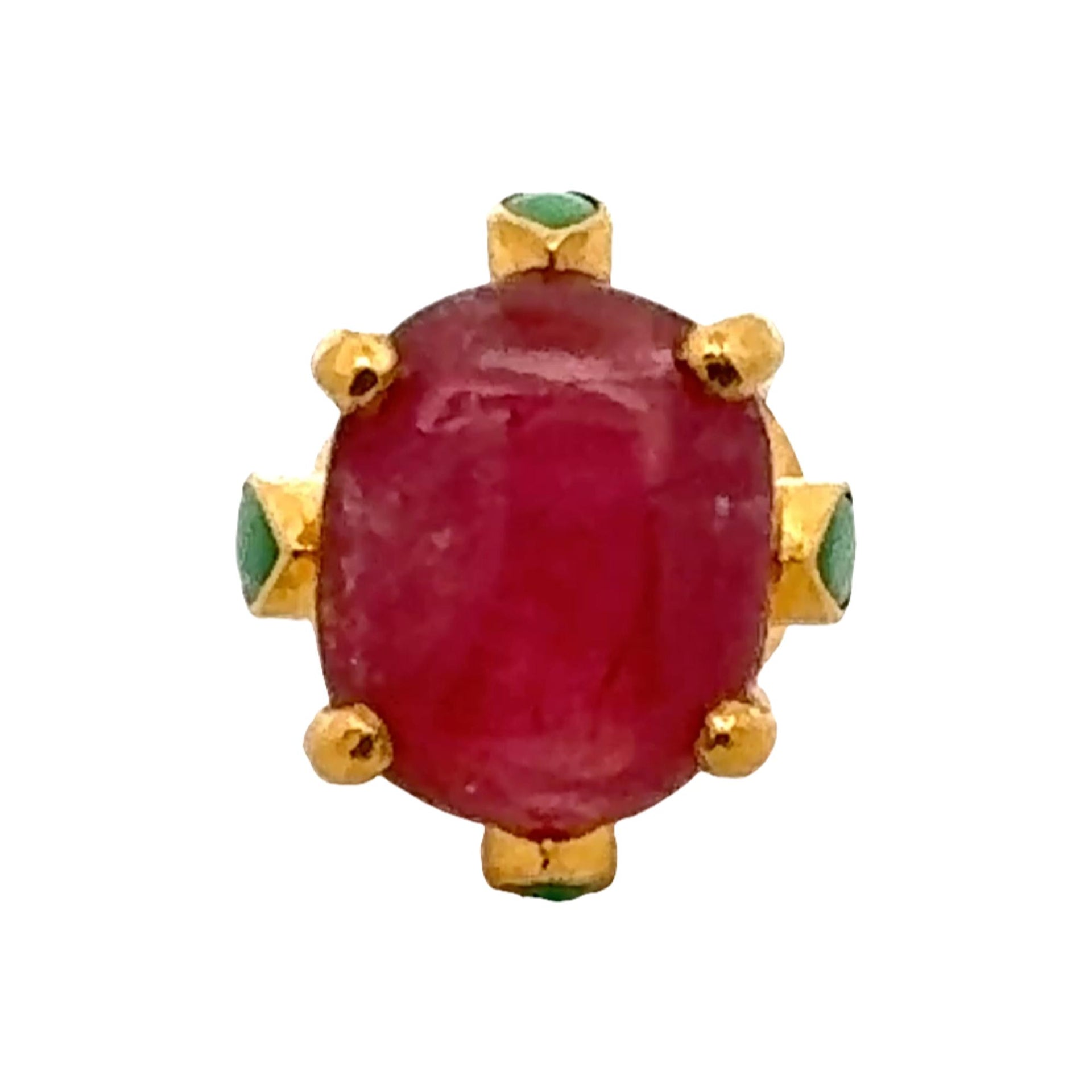 24 Karat Yellow Gold Cabochon Pink Tourmaline & Jade Statement Ring