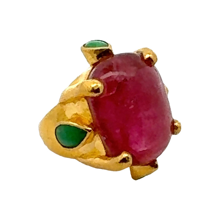 24 Karat Yellow Gold Cabochon Pink Tourmaline & Jade Statement Ring